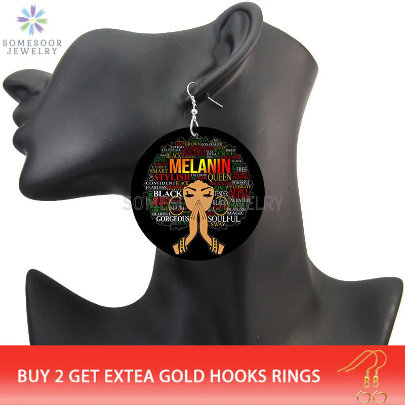 SOMESOOR I AM Leo Queen Stylish Wooden Drop Earrings Soulful Courageous Melanin Sayings Printed Dangle Jewelry For Women Gifts