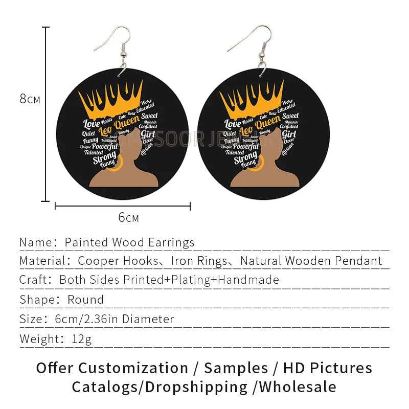 SOMESOOR I AM Leo Queen Stylish Wooden Drop Earrings Soulful Courageous Melanin Sayings Printed Dangle Jewelry For Women Gifts