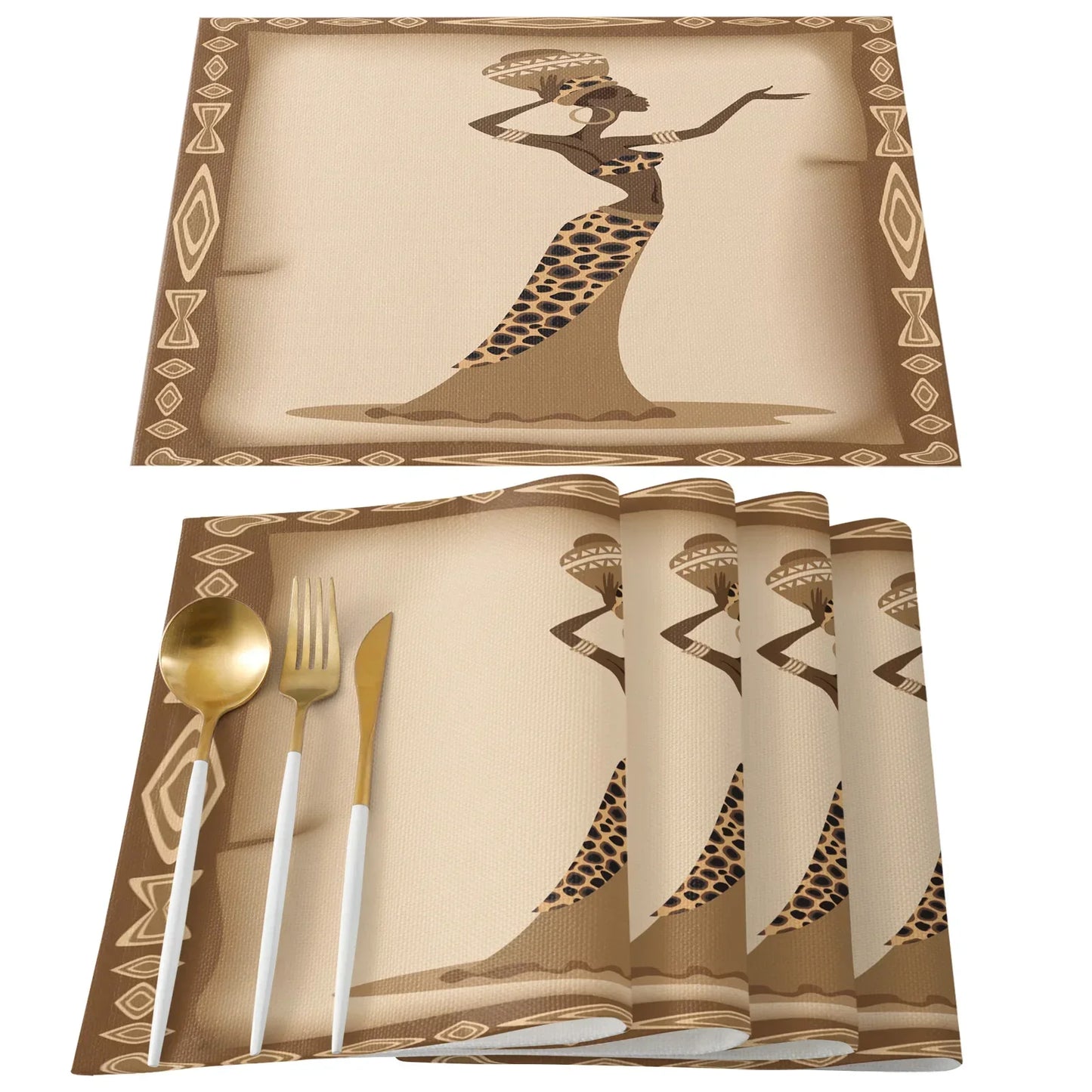 African Black Woman Placemat Wedding Party Dining Decor Linen Table Mat Kitchen Accessories Table Napkin 4PCS