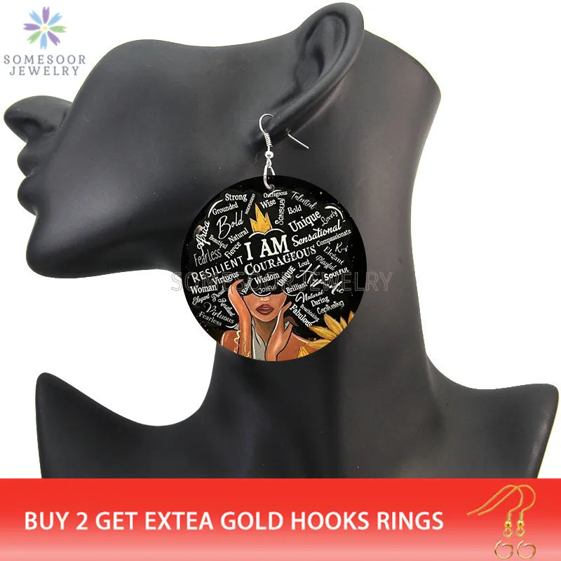 SOMESOOR I AM Leo Queen Stylish Wooden Drop Earrings Soulful Courageous Melanin Sayings Printed Dangle Jewelry For Women Gifts