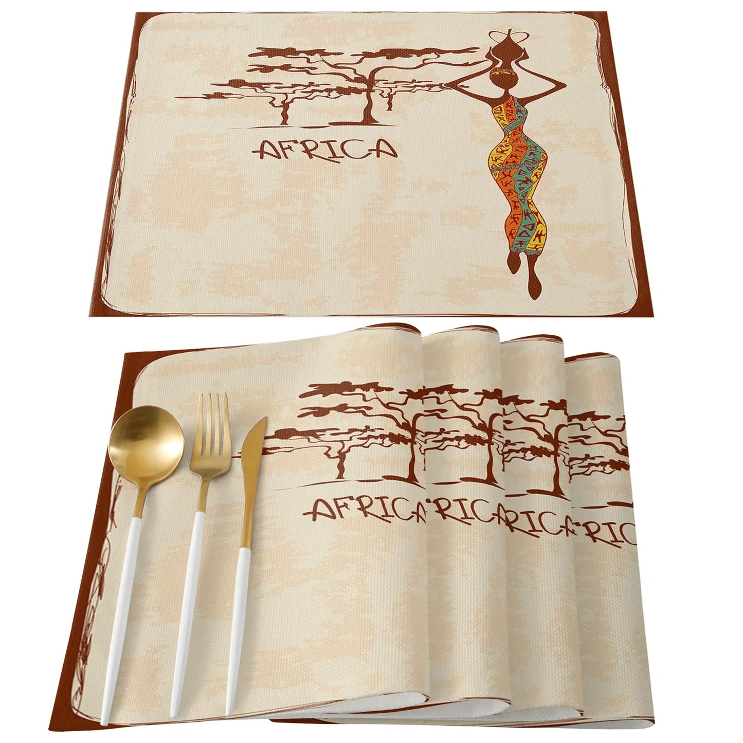 African Black Woman Placemat Wedding Party Dining Decor Linen Table Mat Kitchen Accessories Table Napkin 4PCS