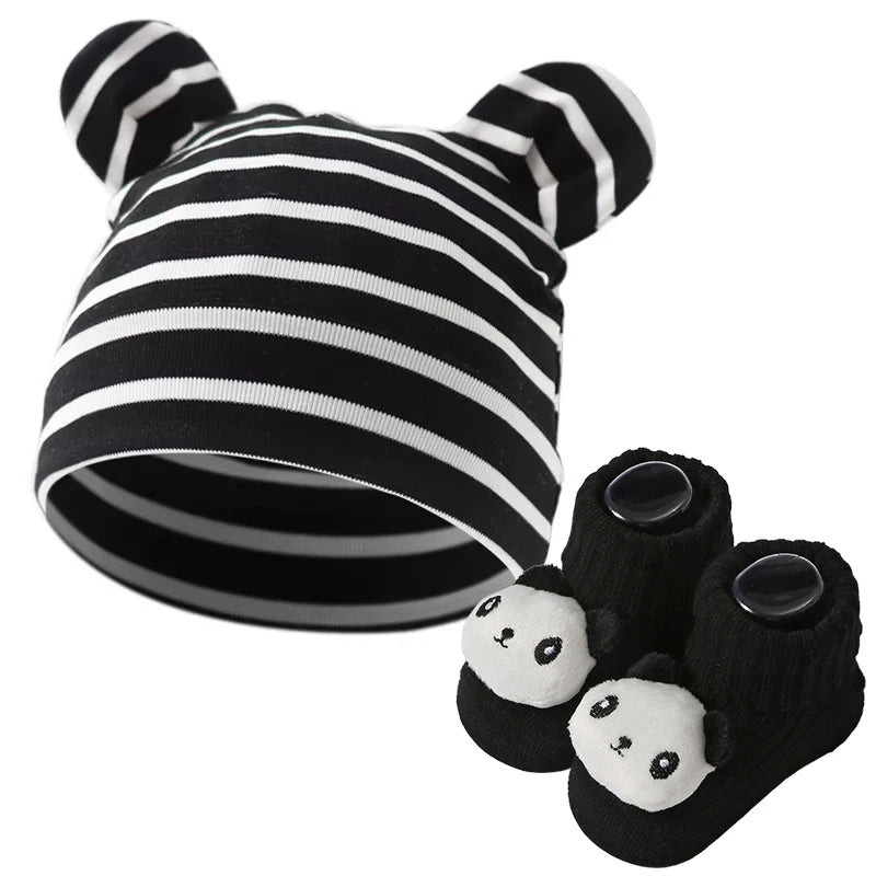 3Pcs/set Cotton Newborn Hats Striped Caps Knitted Cartoon Socks Infant Felt Cute Bear Headwraps Baby Accessories 0-6M Beanies