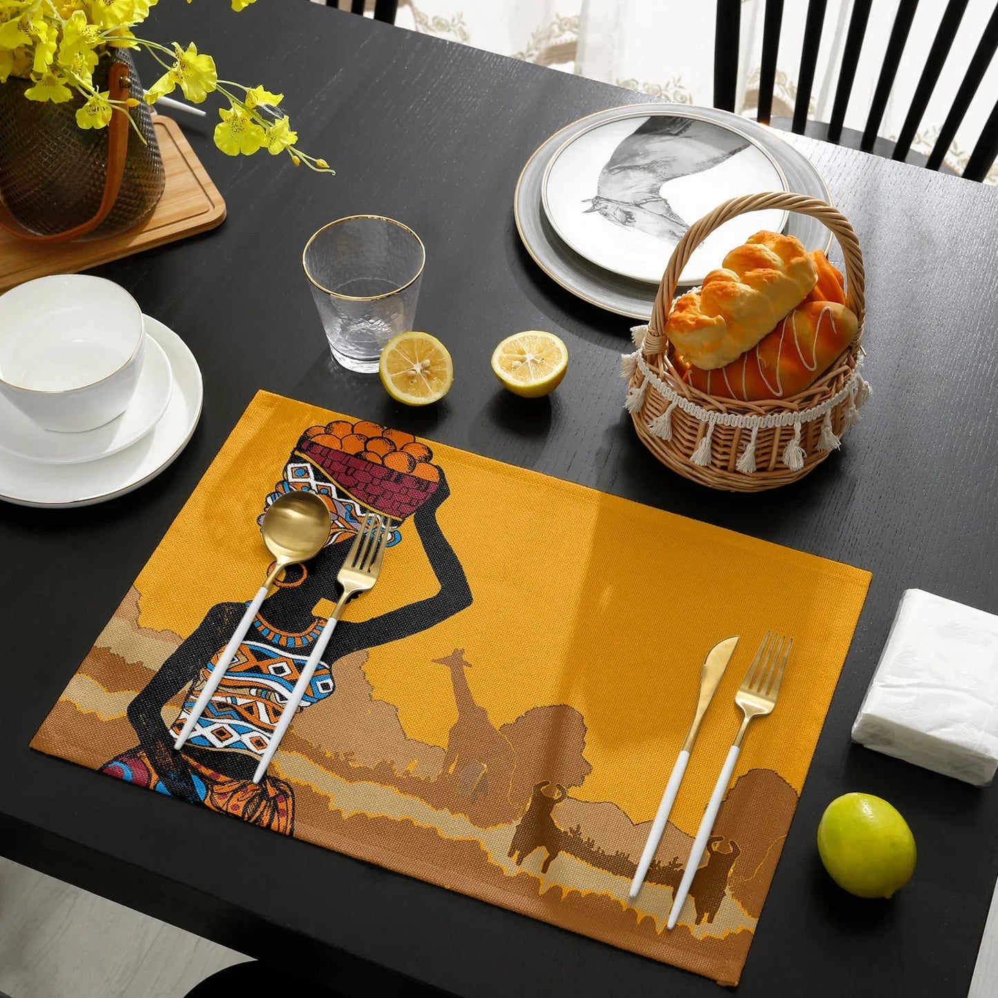 African Black Woman Placemat Wedding Party Dining Decor Linen Table Mat Kitchen Accessories Table Napkin 4PCS