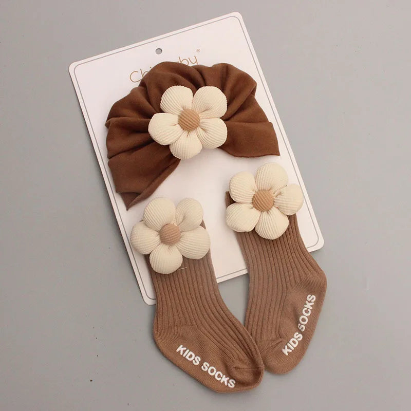 0-12M Infant Accessories Cute Flower Spring Autumn Cotton Newborn Baby Bebe Girl Hat Socks Two Pieces Set