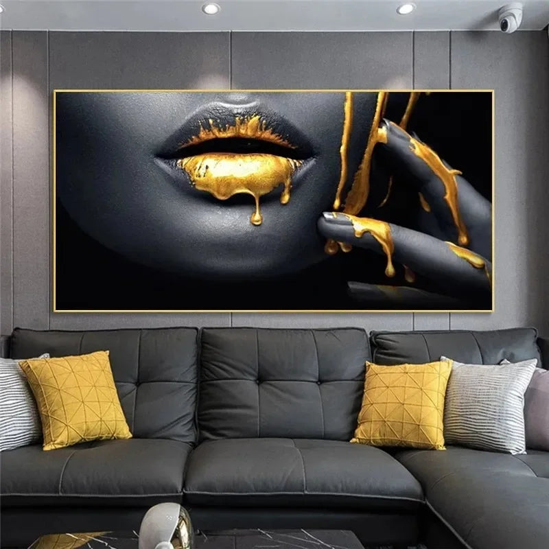Portrait Black Africa Woman Canvas Painting Wall Art  Africa Woman Golden Lip Canvas Posters and Prints Wall Art Picture Decor