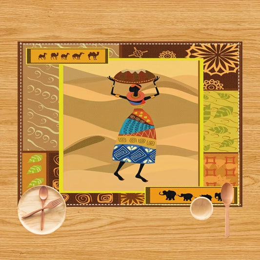 2pcs African Inspired Washable Fabric Placemats for Dining Table - Swirls, Camels, and Lady with Jug Print  Multicolor