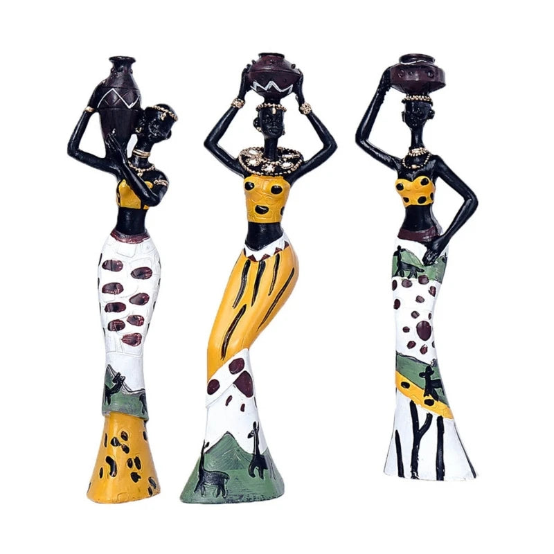 3Pcs African Woman Sculpture Abstract Tribal Lady Resins Statue Figurine Decors Dropshipping