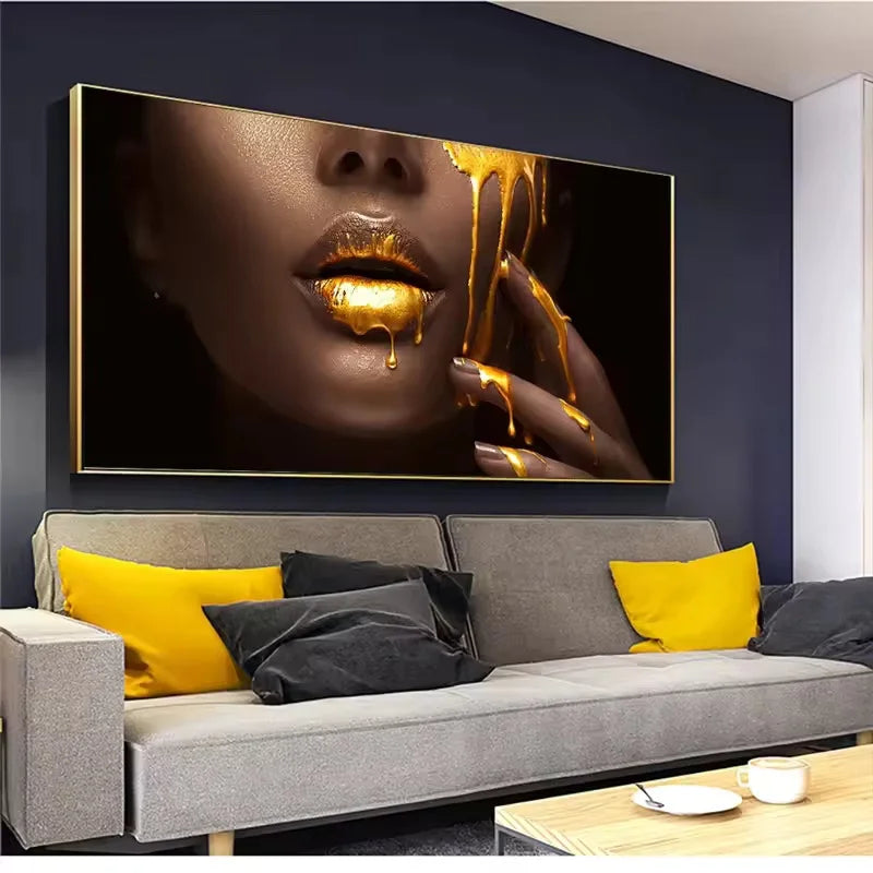 Portrait Black Africa Woman Canvas Painting Wall Art  Africa Woman Golden Lip Canvas Posters and Prints Wall Art Picture Decor