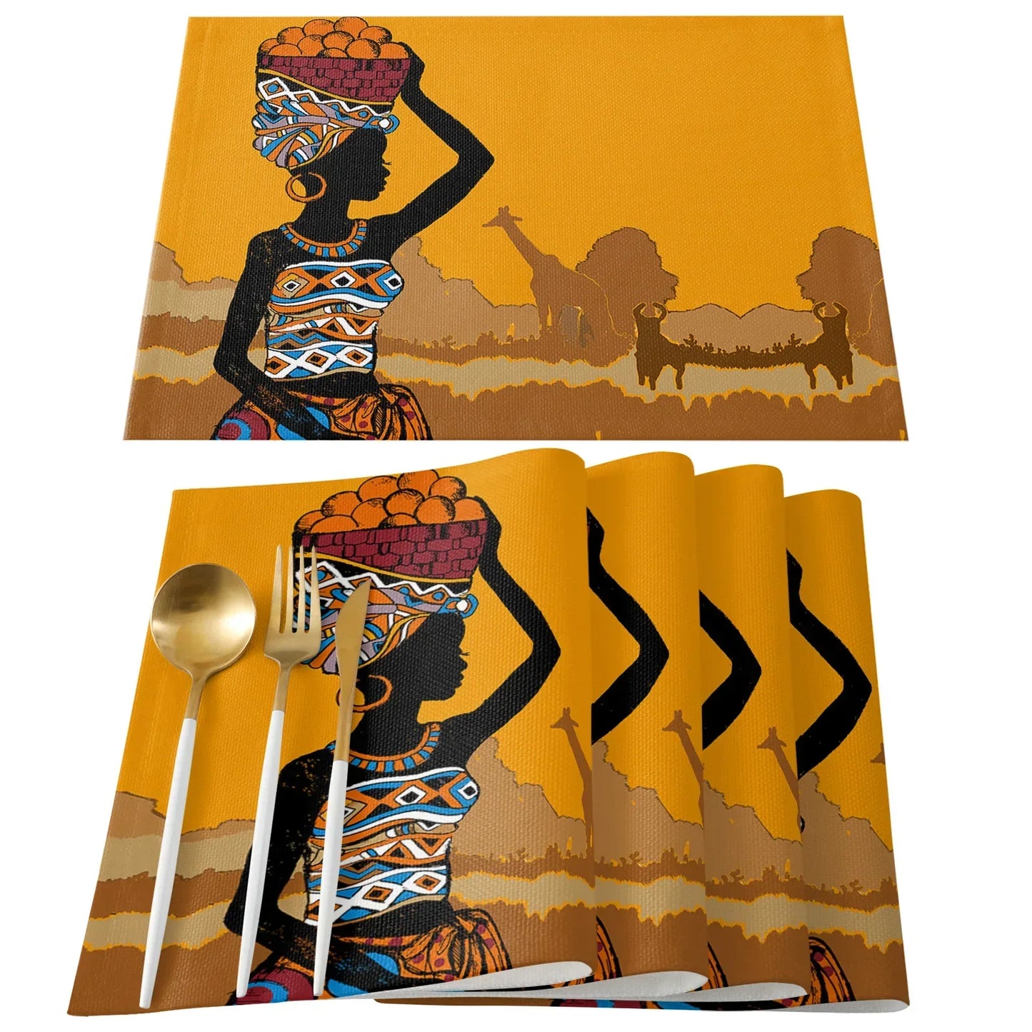African Black Woman Placemat Wedding Party Dining Decor Linen Table Mat Kitchen Accessories Table Napkin 4PCS