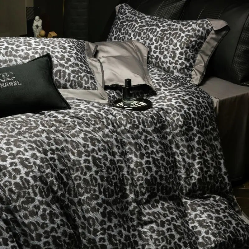 Luxury Bedding Set 1000TC Egyptian Cotton Queen King Size Grey Leopard Print Duvet Cover Set Flat/Fitted Bed Sheet Pillowcase