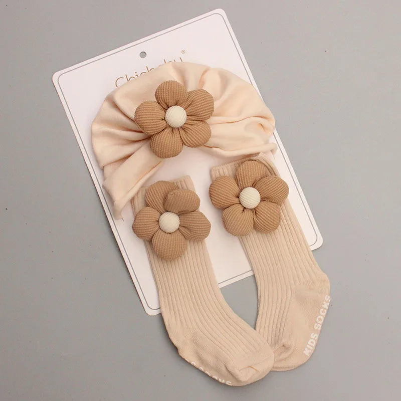 0-12M Infant Accessories Cute Flower Spring Autumn Cotton Newborn Baby Bebe Girl Hat Socks Two Pieces Set
