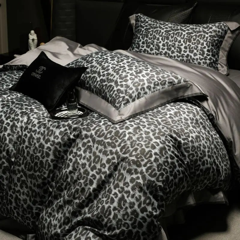 Luxury Bedding Set 1000TC Egyptian Cotton Queen King Size Grey Leopard Print Duvet Cover Set Flat/Fitted Bed Sheet Pillowcase