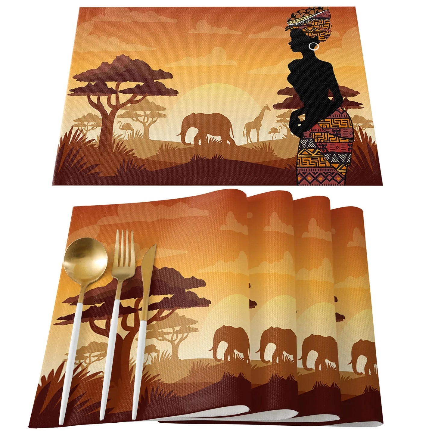 African Black Woman Placemat Wedding Party Dining Decor Linen Table Mat Kitchen Accessories Table Napkin 4PCS