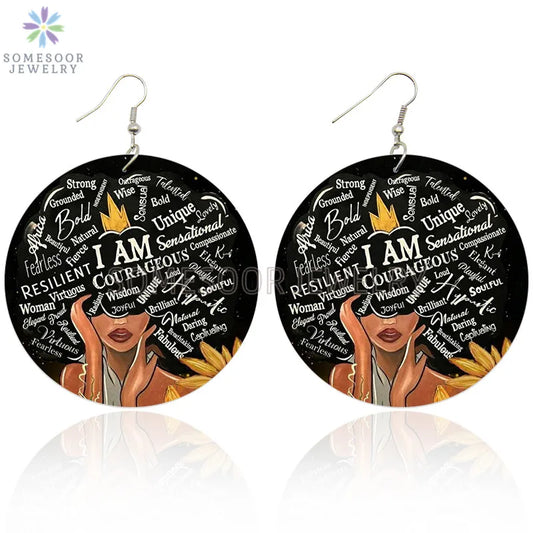 SOMESOOR I AM Leo Queen Stylish Wooden Drop Earrings Soulful Courageous Melanin Sayings Printed Dangle Jewelry For Women Gifts