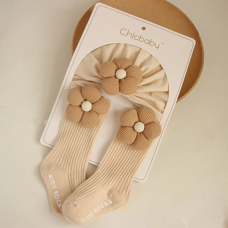 0-12M Infant Accessories Cute Flower Spring Autumn Cotton Newborn Baby Bebe Girl Hat Socks Two Pieces Set