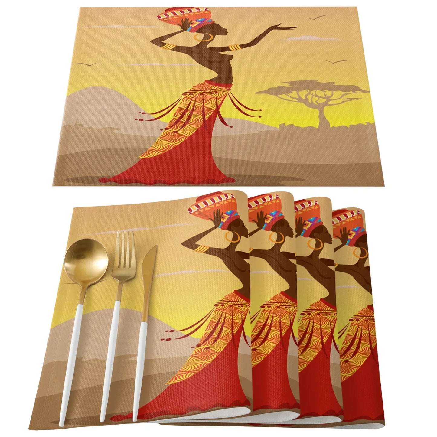 African Black Woman Placemat Wedding Party Dining Decor Linen Table Mat Kitchen Accessories Table Napkin 4PCS