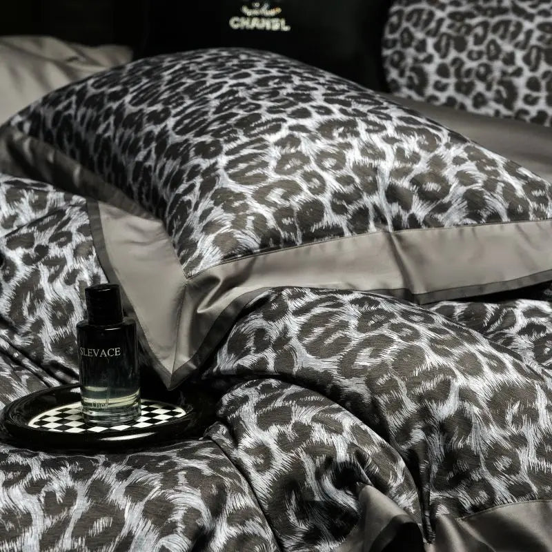 Luxury Bedding Set 1000TC Egyptian Cotton Queen King Size Grey Leopard Print Duvet Cover Set Flat/Fitted Bed Sheet Pillowcase