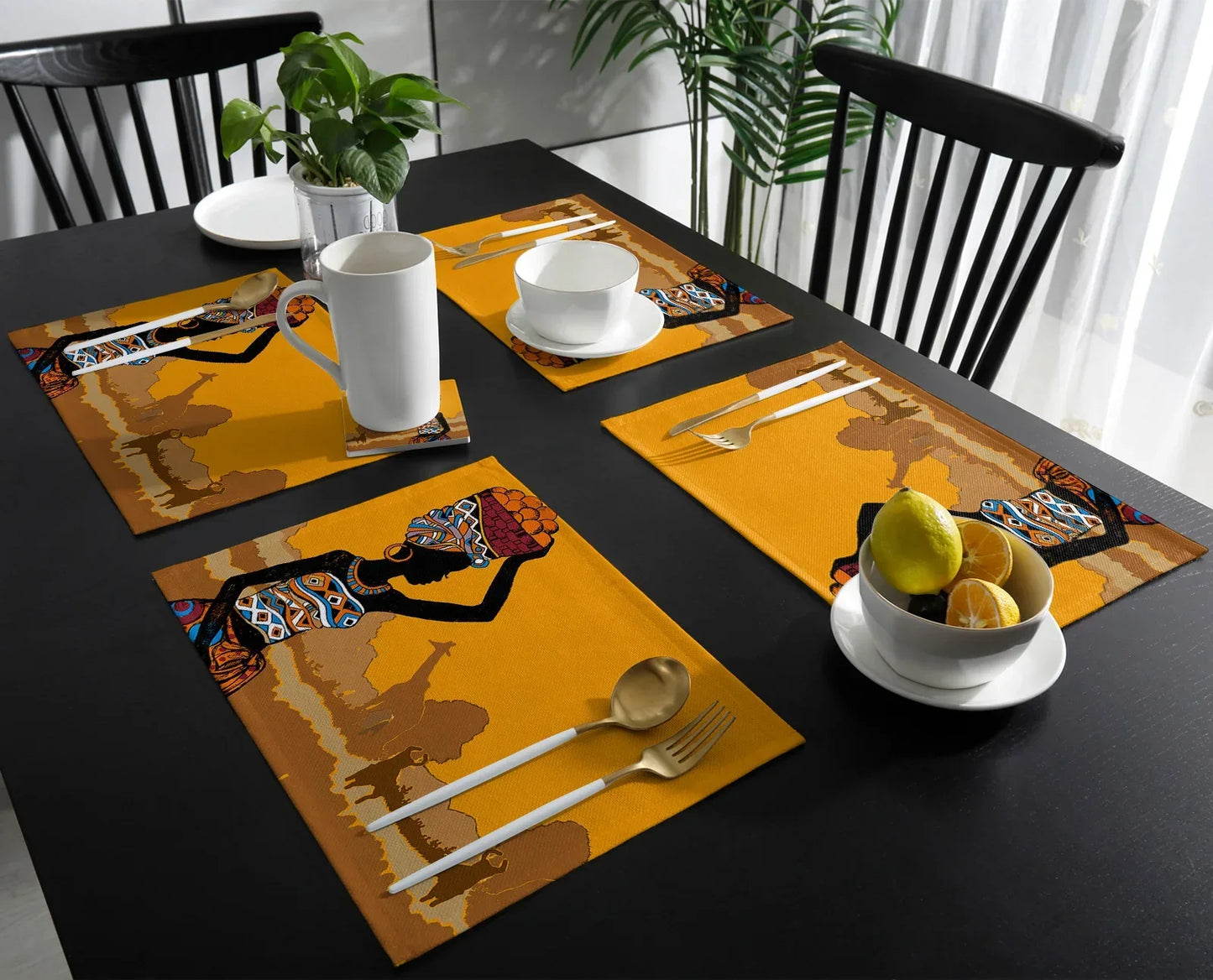 African Black Woman Placemat Wedding Party Dining Decor Linen Table Mat Kitchen Accessories Table Napkin 4PCS