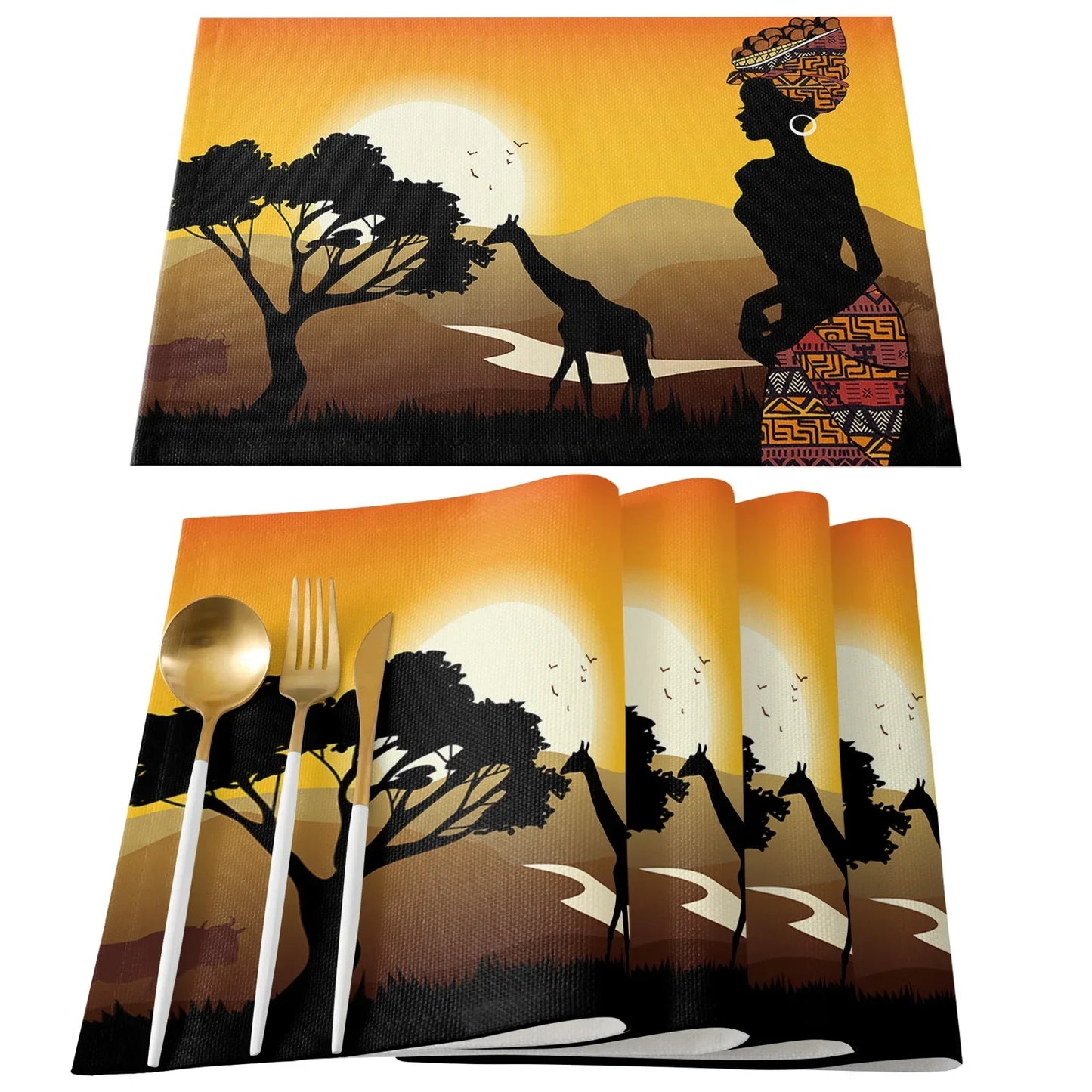 African Black Woman Placemat Wedding Party Dining Decor Linen Table Mat Kitchen Accessories Table Napkin 4PCS