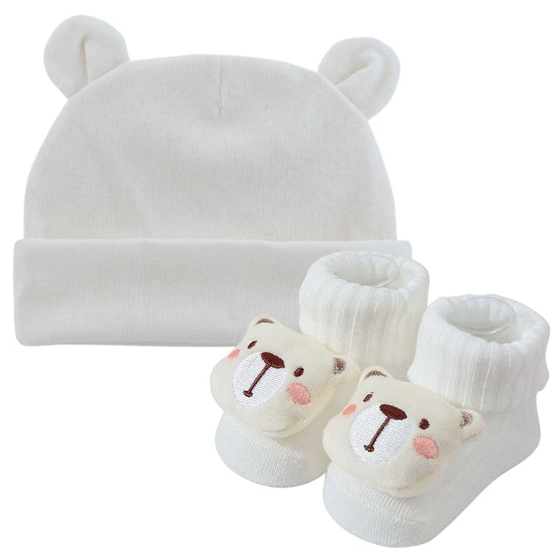 3Pcs/set Cotton Newborn Hats Striped Caps Knitted Cartoon Socks Infant Felt Cute Bear Headwraps Baby Accessories 0-6M Beanies