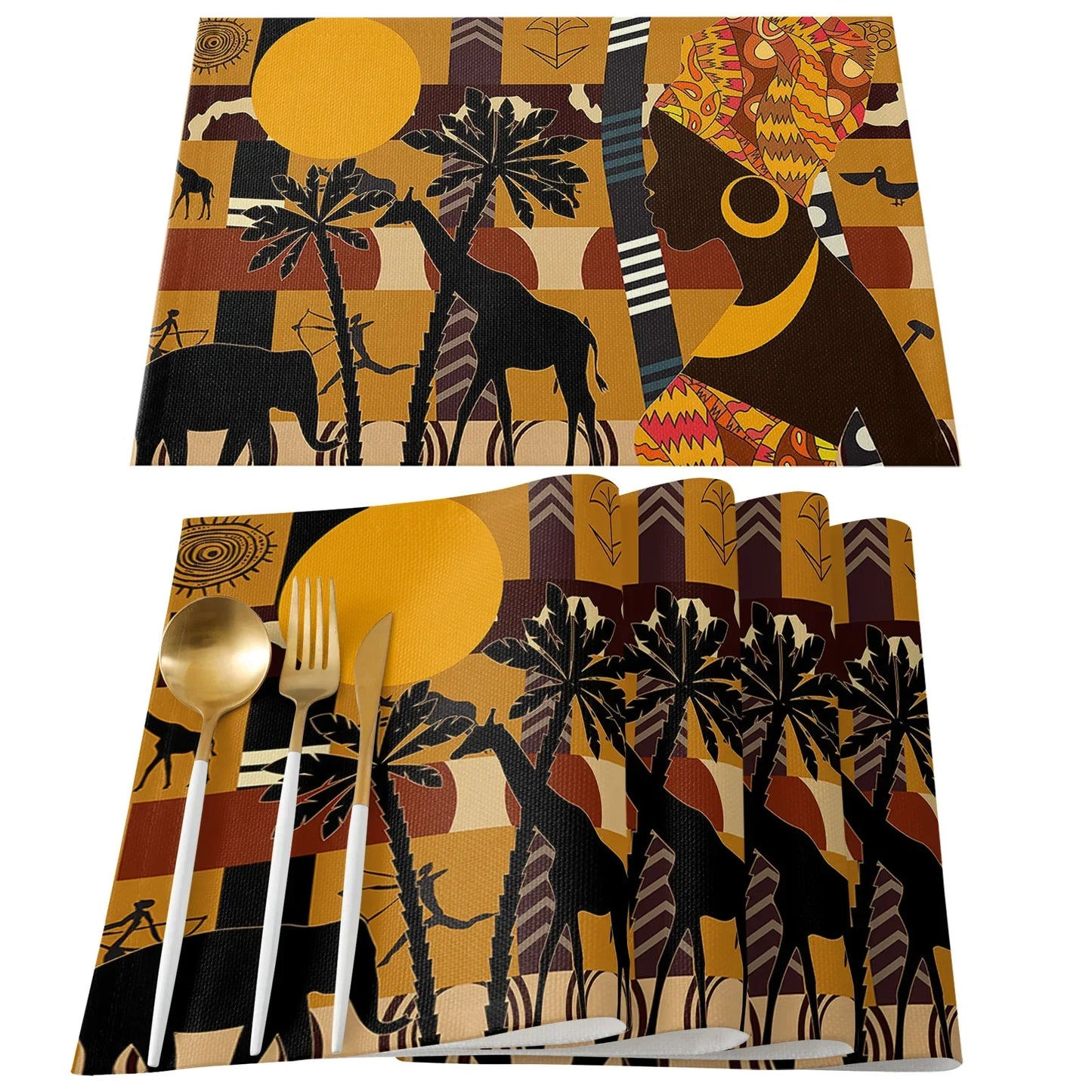 African Black Woman Placemat Wedding Party Dining Decor Linen Table Mat Kitchen Accessories Table Napkin 4PCS