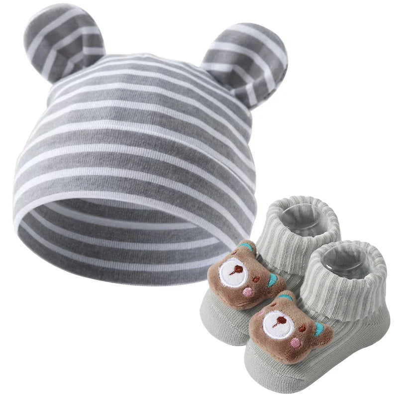 3Pcs/set Cotton Newborn Hats Striped Caps Knitted Cartoon Socks Infant Felt Cute Bear Headwraps Baby Accessories 0-6M Beanies