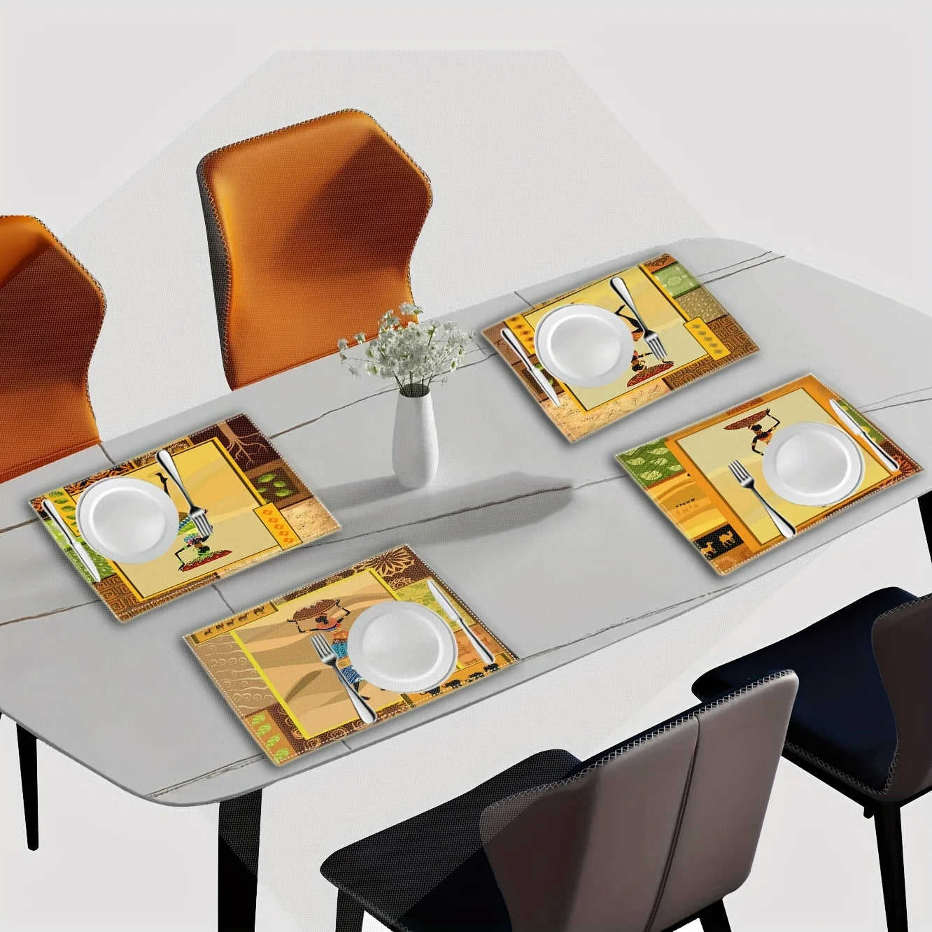 2pcs African Inspired Washable Fabric Placemats for Dining Table - Swirls, Camels, and Lady with Jug Print  Multicolor