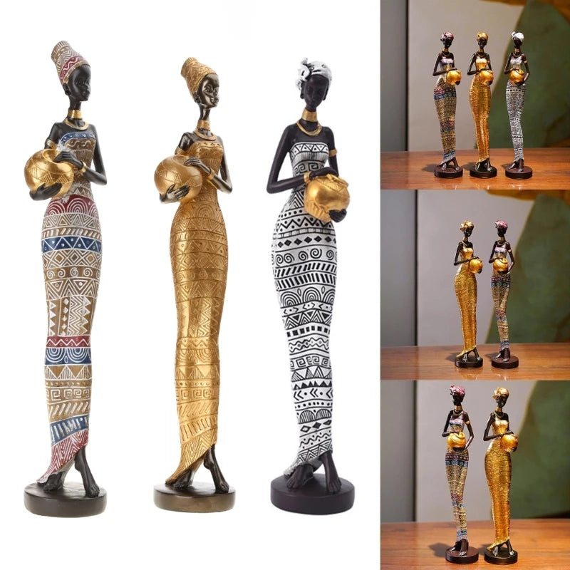 African Sculpture 16.34in Women Tribal Lady Figurine Statue Decor Collectible Art Piece Ornaments Home Office Decoration