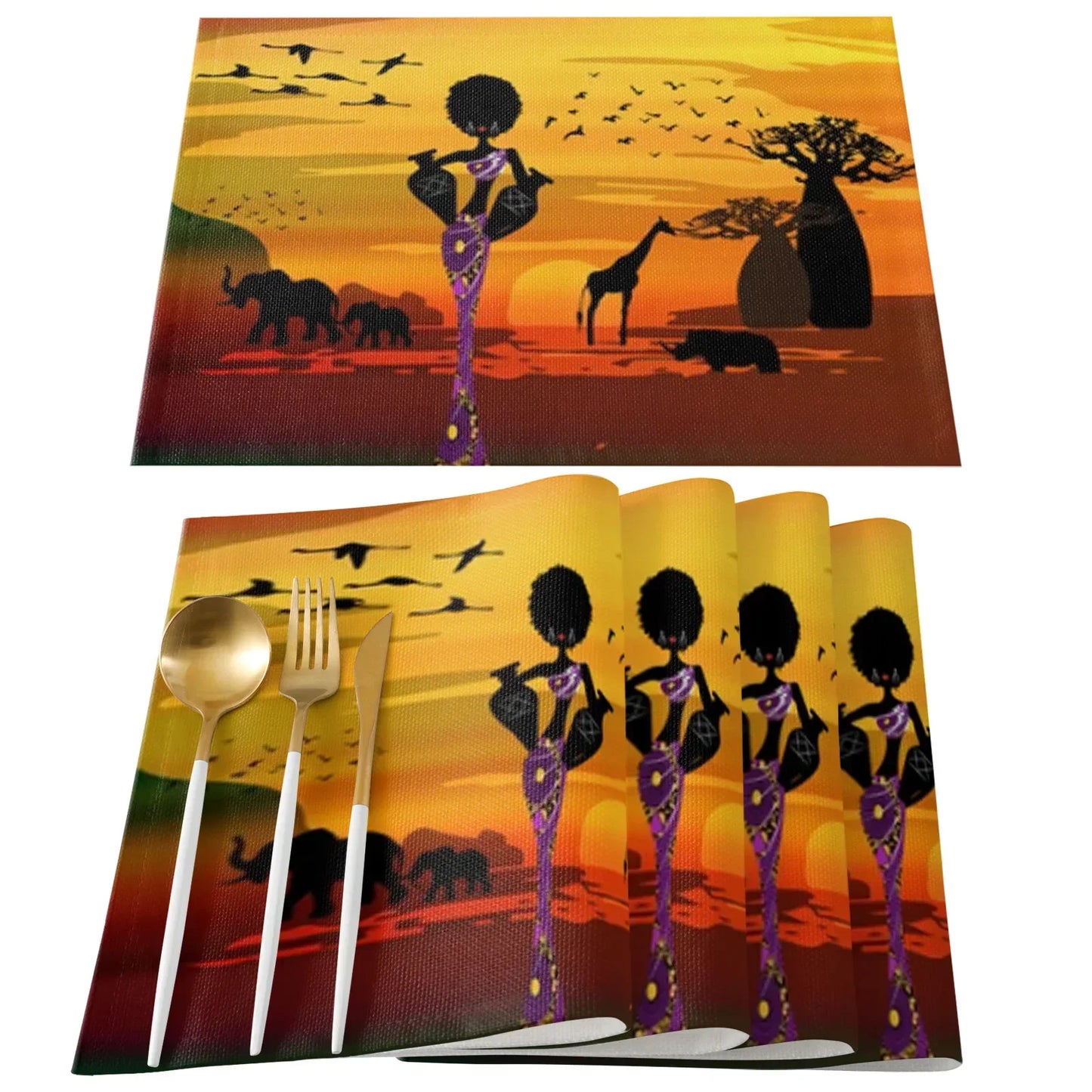 African Black Woman Placemat Wedding Party Dining Decor Linen Table Mat Kitchen Accessories Table Napkin 4PCS