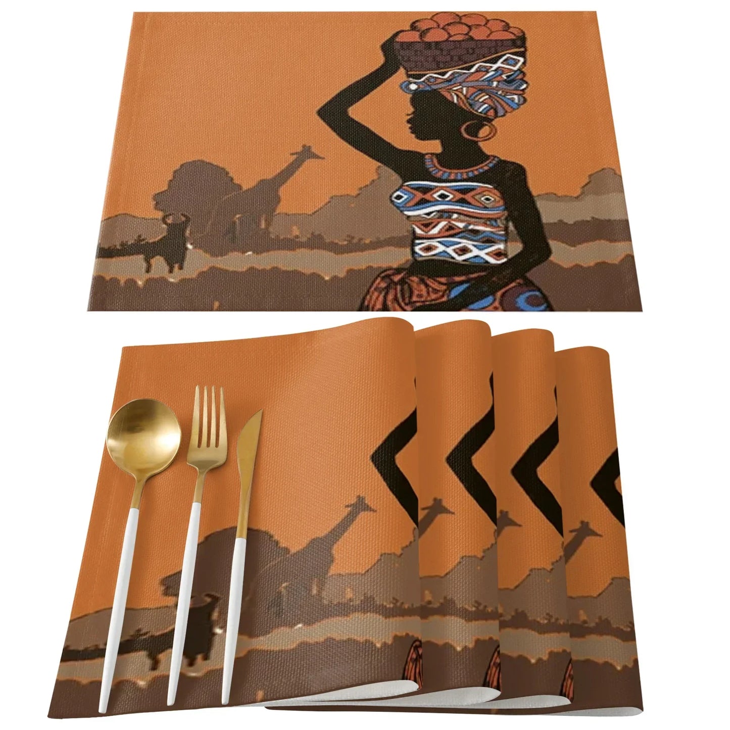 African Black Woman Placemat Wedding Party Dining Decor Linen Table Mat Kitchen Accessories Table Napkin 4PCS
