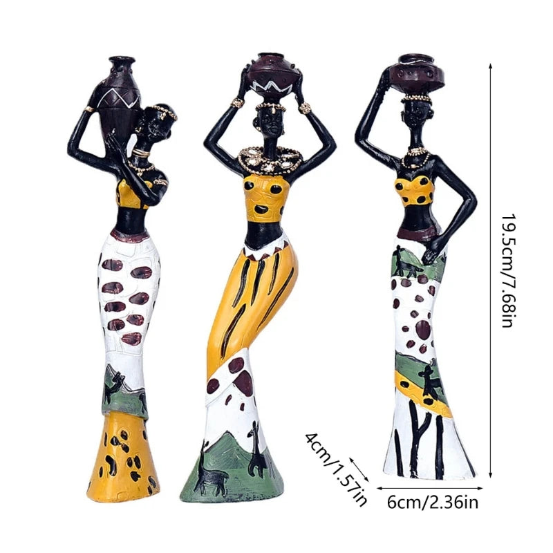 3Pcs African Woman Sculpture Abstract Tribal Lady Resins Statue Figurine Decors Dropshipping