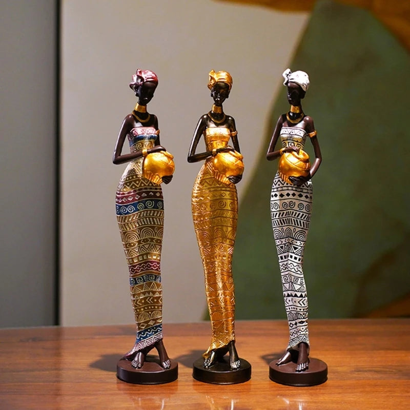 African Sculpture 16.34in Women Tribal Lady Figurine Statue Decor Collectible Art Piece Ornaments Home Office Decoration