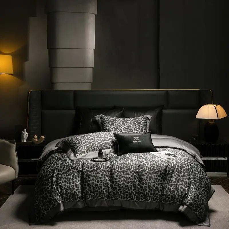 Luxury Bedding Set 1000TC Egyptian Cotton Queen King Size Grey Leopard Print Duvet Cover Set Flat/Fitted Bed Sheet Pillowcase