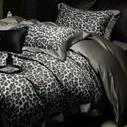 Luxury Bedding Set 1000TC Egyptian Cotton Queen King Size Grey Leopard Print Duvet Cover Set Flat/Fitted Bed Sheet Pillowcase