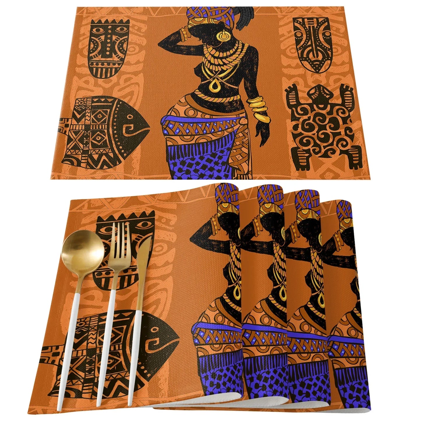 African Black Woman Placemat Wedding Party Dining Decor Linen Table Mat Kitchen Accessories Table Napkin 4PCS