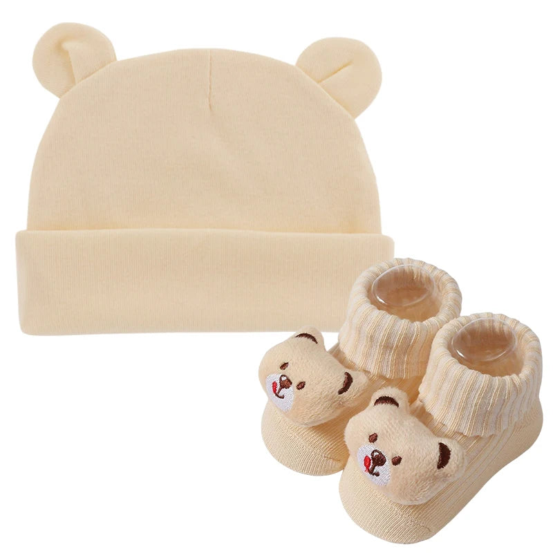 3Pcs/set Cotton Newborn Hats Striped Caps Knitted Cartoon Socks Infant Felt Cute Bear Headwraps Baby Accessories 0-6M Beanies