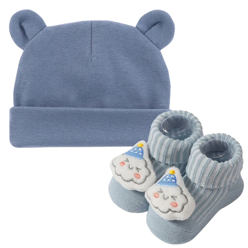 3Pcs/set Cotton Newborn Hats Striped Caps Knitted Cartoon Socks Infant Felt Cute Bear Headwraps Baby Accessories 0-6M Beanies