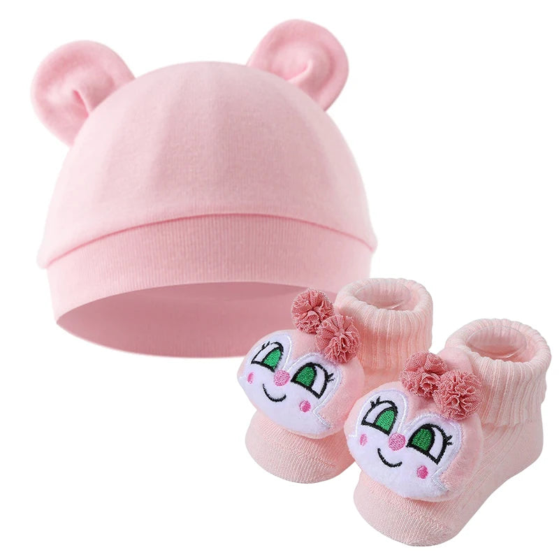3Pcs/set Cotton Newborn Hats Striped Caps Knitted Cartoon Socks Infant Felt Cute Bear Headwraps Baby Accessories 0-6M Beanies