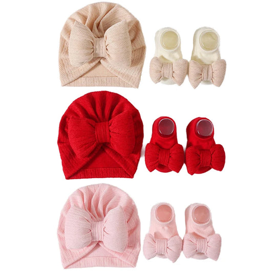 Baby Girls Hat + Socks Set 0-12M Cute Toddler Princess Socks Cotton Filled Infant Bows Cap Turban for Kids Newborn Accessories