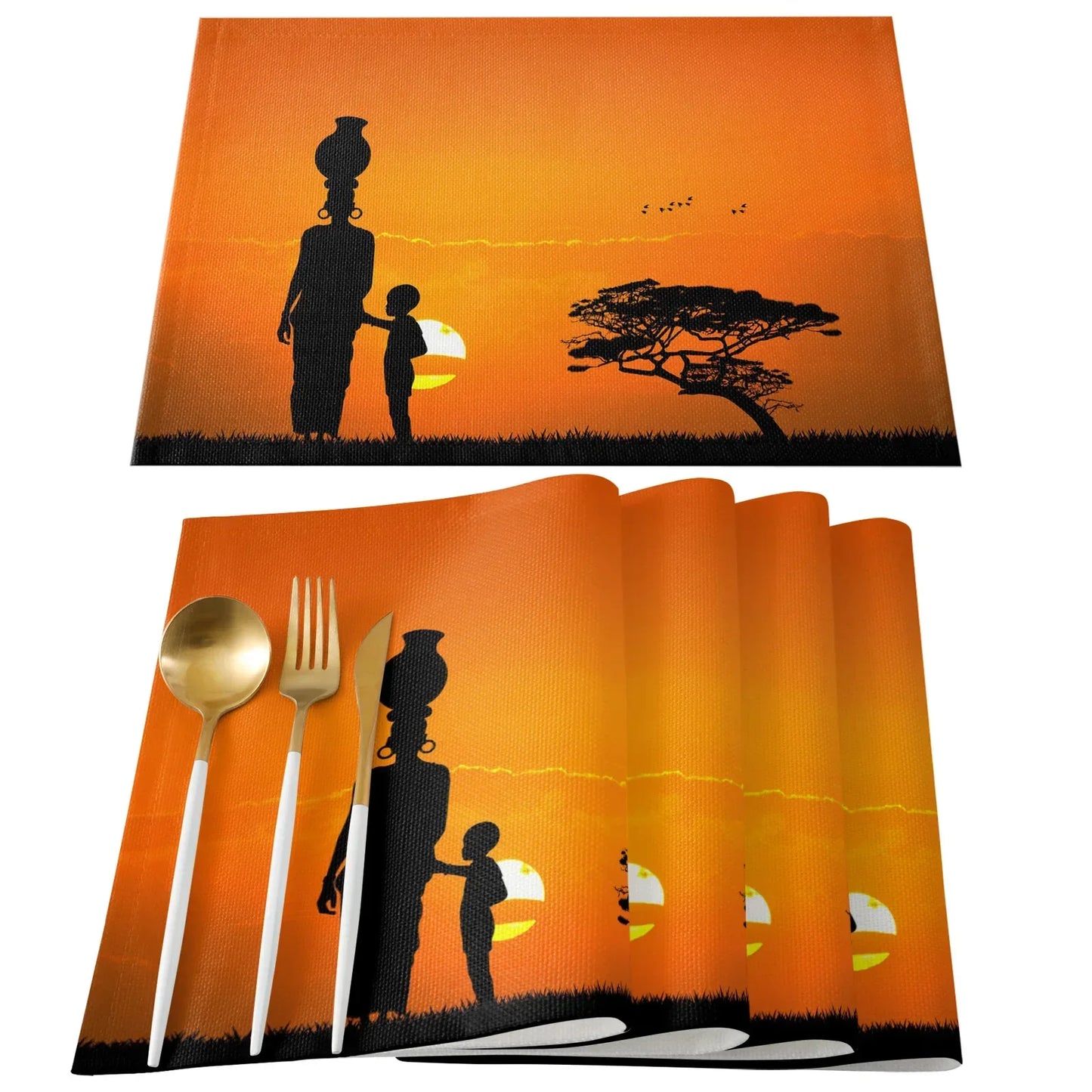 African Black Woman Placemat Wedding Party Dining Decor Linen Table Mat Kitchen Accessories Table Napkin 4PCS