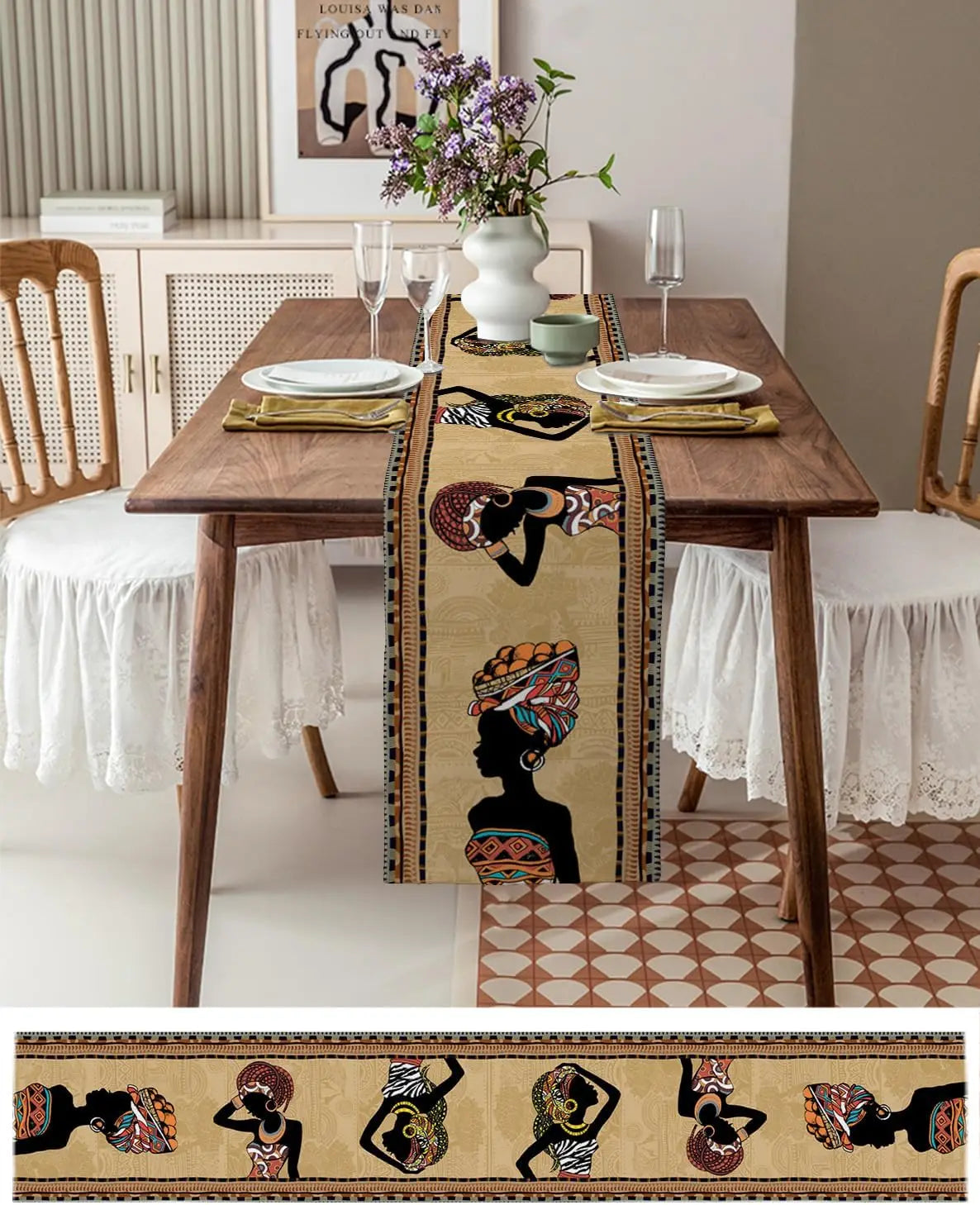 Traditional Tribal Brown African Woman Linen Table Runners Dresser Scarf Decor Washable Dining Table Runners Home Decorations