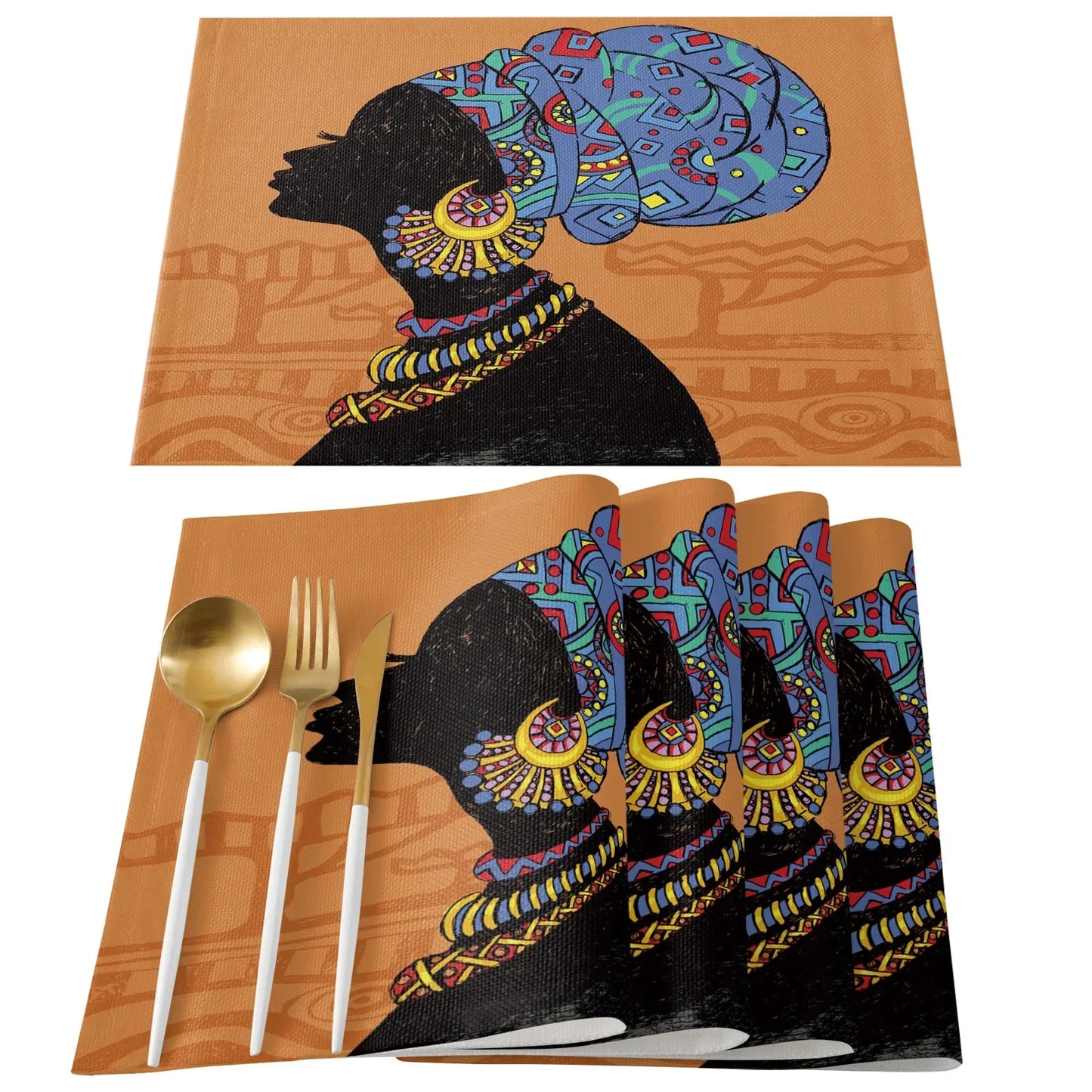 African Black Woman Placemat Wedding Party Dining Decor Linen Table Mat Kitchen Accessories Table Napkin 4PCS