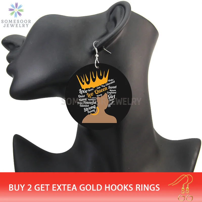 SOMESOOR I AM Leo Queen Stylish Wooden Drop Earrings Soulful Courageous Melanin Sayings Printed Dangle Jewelry For Women Gifts